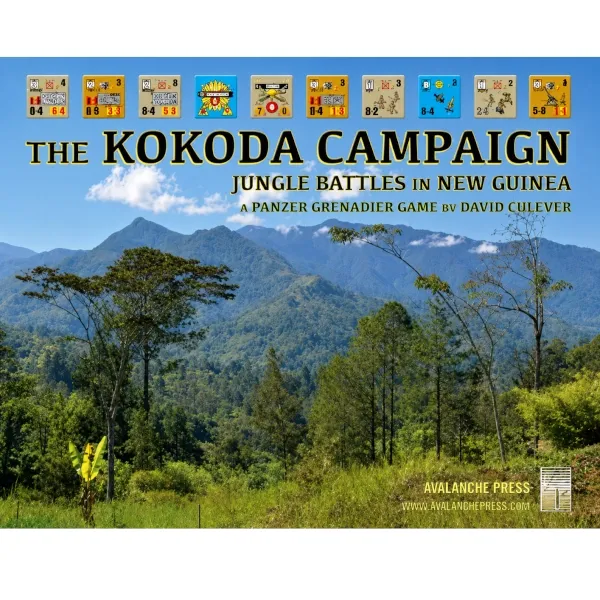 The Kokoda Campaign cover with New Guinea jungle mountains and Panzer Grenadier counters along the top.