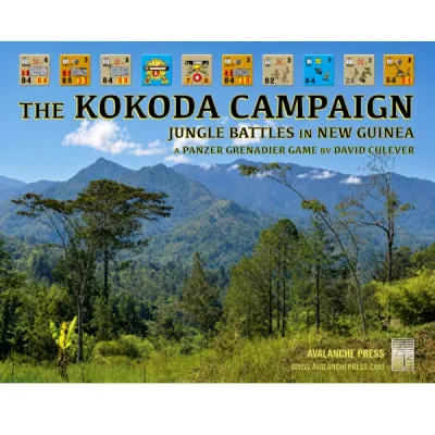 The Kokoda Campaign cover with New Guinea jungle mountains and Panzer Grenadier counters along the top.