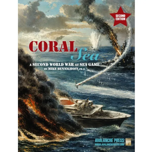 Coral Sea cover with naval combat, torpedo boat, burning ship, smoke, and sea battle explosions.