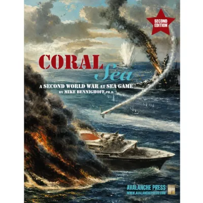 Coral Sea cover with naval combat, torpedo boat, burning ship, smoke, and sea battle explosions.