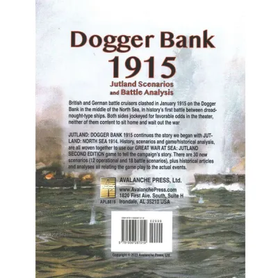 Dogger Bank 1915 back cover with scenario description, requirements, barcode, and naval battle artwork.