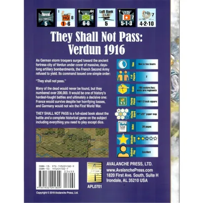They Shall Not Pass: Verdun 1916 back cover with sample counters, map detail, and game information.