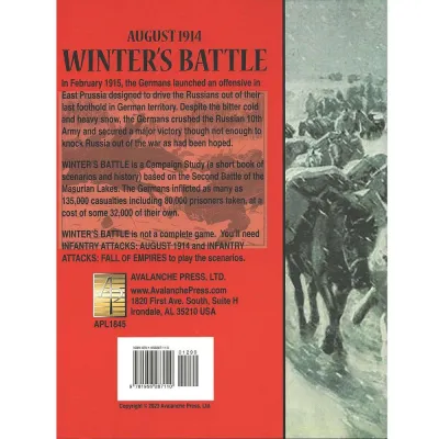 Winter’s Battle back cover with campaign study description, requirements, barcode, and winter cavalry artwork.