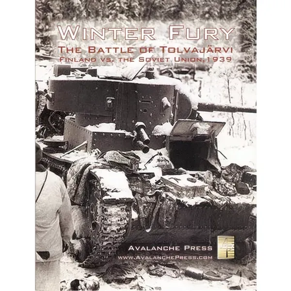 Winter Fury cover with a damaged Soviet tank in snowy Finnish battlefield conditions.