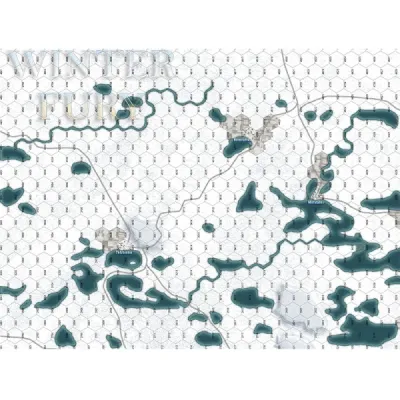 Winter Fury map showing Tolvajärvi, Hirvasjärvi, frozen lakes, roads, and snowy terrain.