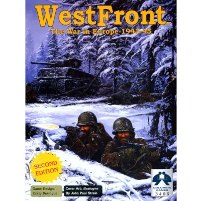 WestFront box cover with Allied soldiers and tanks in snowy forest combat, marked Second Edition.