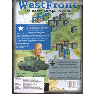 WestFront back cover with Europe map, wooden block units, game description, contents, and profile details.