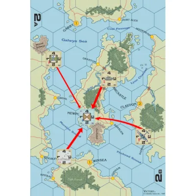 Victory map detail showing islands, sea zones, towns, terrain, and block unit movement arrows.
