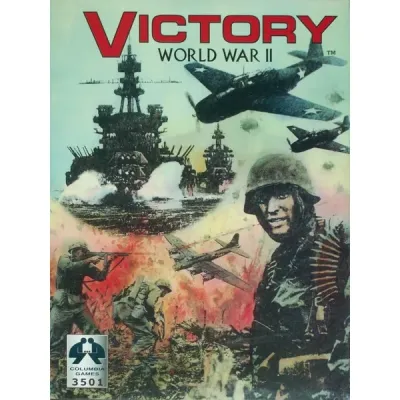 Victory: World War II box cover with battleships, aircraft, infantry, and wartime combat artwork.