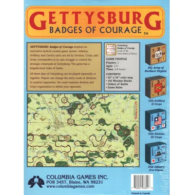 Gettysburg: Badges of Courage back cover with map sample, wooden block examples, description, and contents.