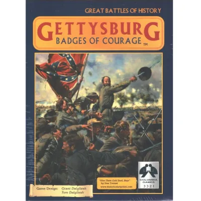 Gettysburg: Badges of Courage box cover with Civil War soldiers charging under a Confederate flag.