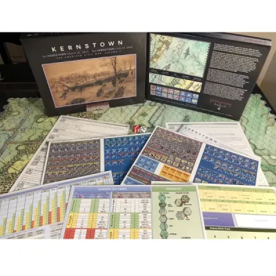 Kernstown contents showing box, maps, counter sheets, rules, player aids, charts, and dice.