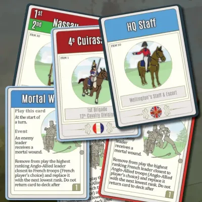 Close Quarter Battles: Waterloo cards showing units, headquarters staff, and event effects.