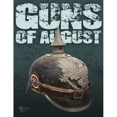 Guns of August box cover with a German pickelhaube helmet over a Western Front campaign map.
