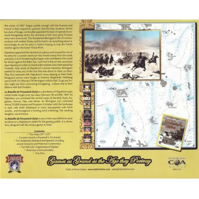 La Bataille de Preussisch-Eylau back cover with battle description, map sample, counters, and contents list.