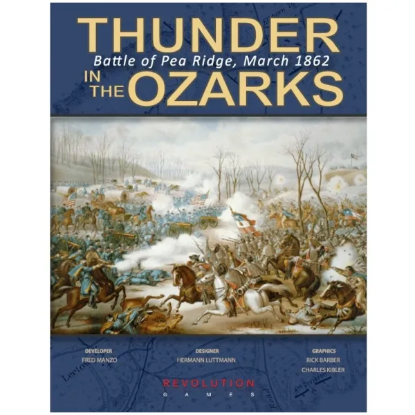 Thunder in the Ozarks wargame box cover with Civil War troops fighting at Pea Ridge.