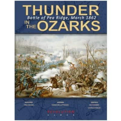 Thunder in the Ozarks wargame box cover with Civil War troops fighting at Pea Ridge.