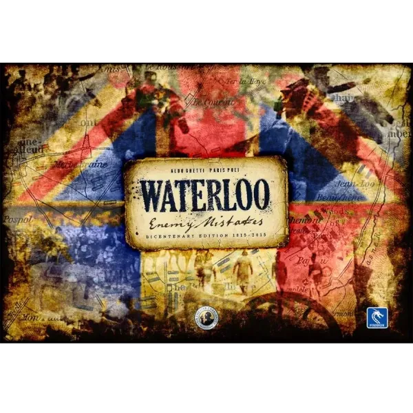 Waterloo: Enemy Mistakes board game cover with a stylised Waterloo battlefield map and flag colours.