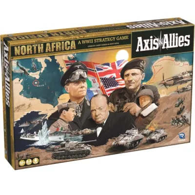 Axis &amp; Allies: North Africa box with WWII commanders, tanks, aircraft, ships, and desert campaign map.