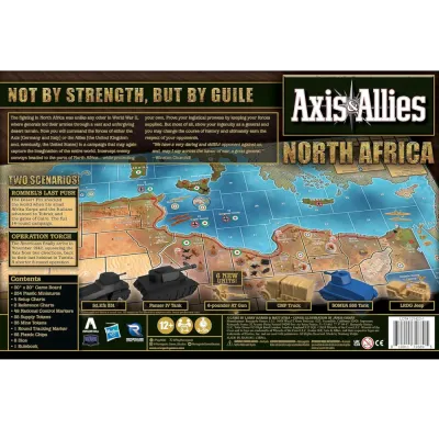 Axis &amp; Allies: North Africa box back showing desert campaign map, miniatures, scenarios, and components.