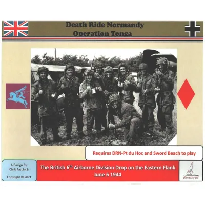 Death Ride Normandy: Operation Tonga box cover with WWII airborne troops photo and British division insignia.