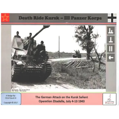 Death Ride Kursk: III Panzer Korps box cover with WWII armoured vehicle photo and Kursk subtitle.
