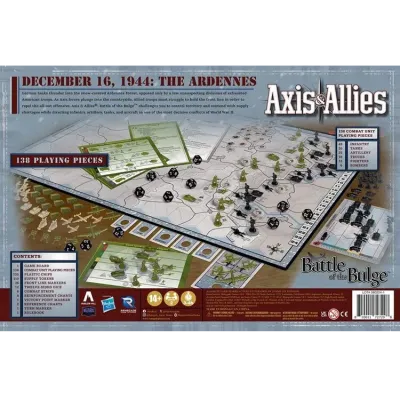 Axis &amp; Allies: Battle of the Bulge box back showing the Ardennes map, miniatures, and components.