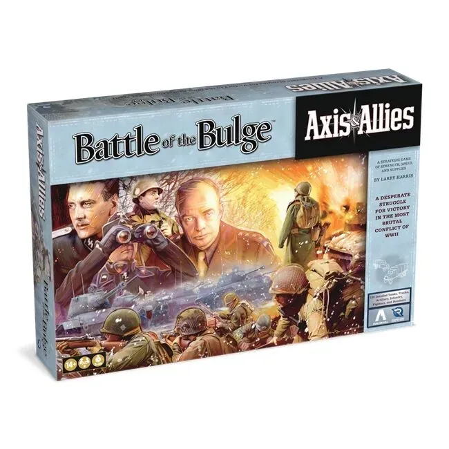 Axis &amp; Allies: Battle of the Bulge box with WWII commanders, soldiers, and battlefield artwork.