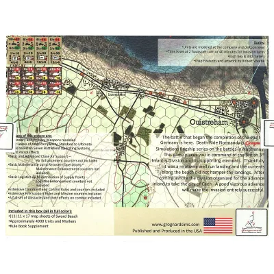 Death Ride Normandy: Sword Beach box back showing map detail, counters, system features, and requirements.