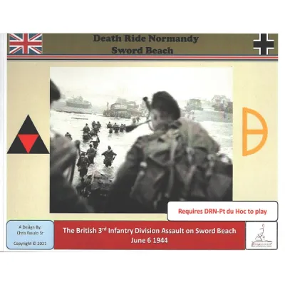 Death Ride Normandy: Sword Beach box cover with WWII landing photo and British division insignia.