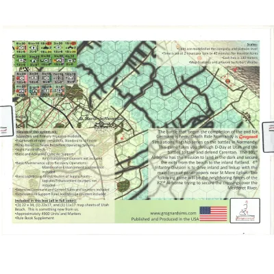 Death Ride Normandy: Utah Beach box back showing map detail, counters, system features, and requirements.