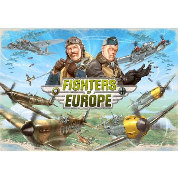 Fighters of Europe box cover with WWII fighter aircraft and pilots in aerial combat.