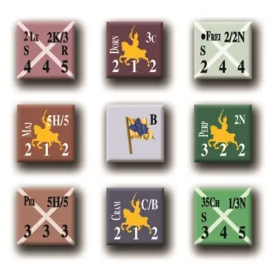 Wellington’s Victory counter examples showing Napoleonic cavalry, infantry, artillery, and command units.