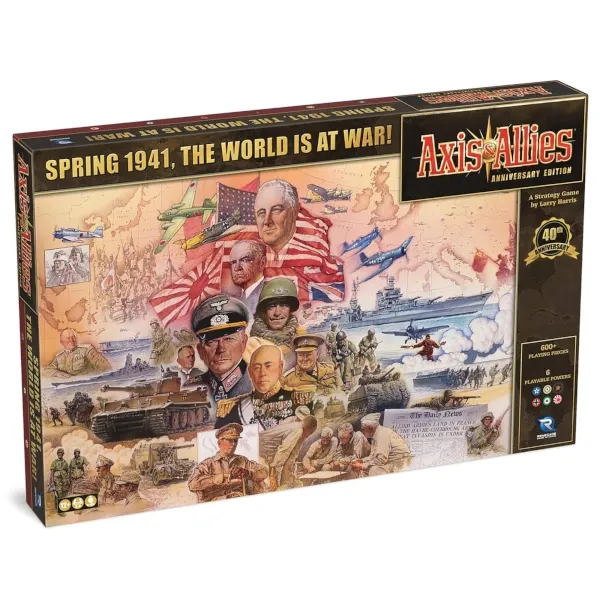 Axis &amp; Allies: 40th Anniversary Edition box with WWII leaders, soldiers, aircraft, and ships.