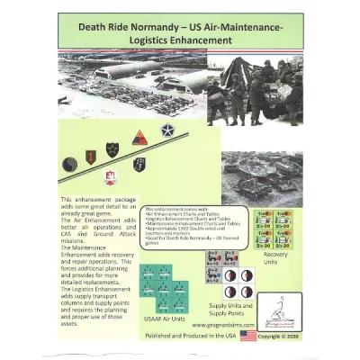 Death Ride Normandy: US Air-Maintenance-Logistics Enhancement cover with logistics photos, counters, and supply markers.