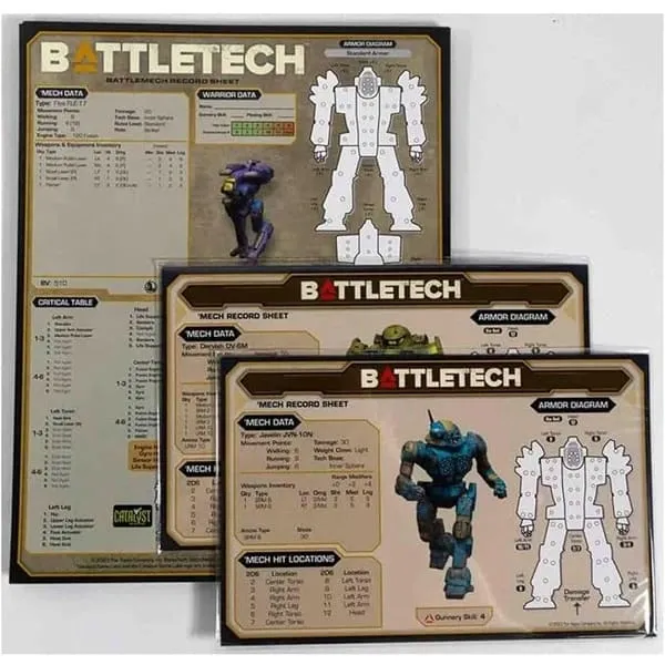 BattleTech: Premium Record Sheets – Mercenaries showing laminated BattleMech record sheets with armor diagrams.