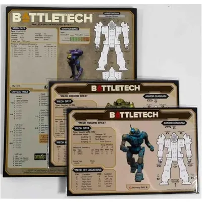 BattleTech: Premium Record Sheets – Mercenaries showing laminated BattleMech record sheets with armor diagrams.