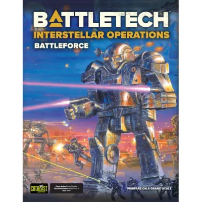 BattleTech: Interstellar Operations – BattleForce rulebook cover with a large ’Mech and infantry under laser fire.