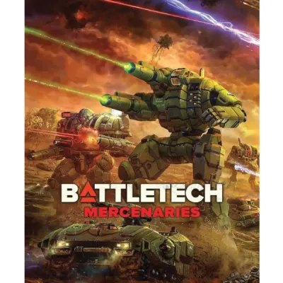 BattleTech: Mercenaries box cover with BattleMechs and combat vehicles advancing under laser fire.