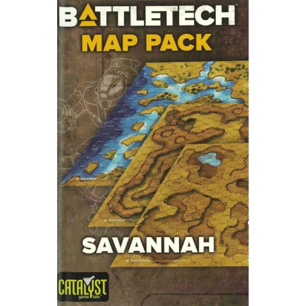 BattleTech: Map Pack – Savannah cover showing hex map terrain with lakes, hills, and dry battlefield areas.