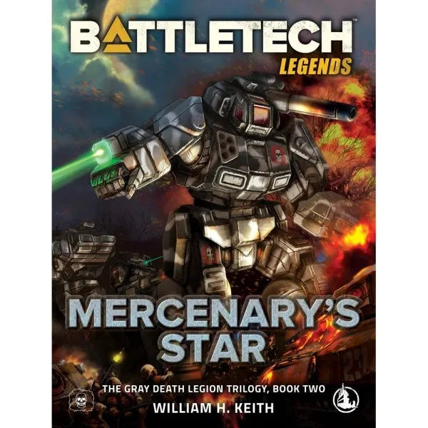 BattleTech Legends: Mercenary’s Star novel cover with a BattleMech firing lasers on a burning battlefield.