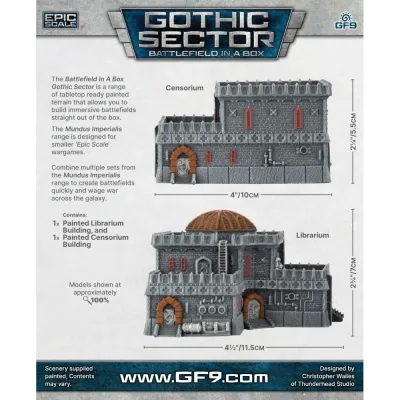 Gothic Sector: Librarium &amp; Censorium box back showing painted building dimensions and product details.