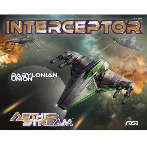Aetherstream: Interceptor – Babylonian Union Squadron Set box with green starfighters in space combat.