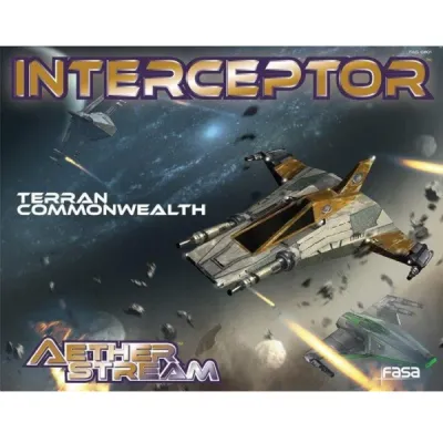 Aetherstream: Interceptor – Terran Commonwealth Squadron Set box with gold and white starfighters in space combat.