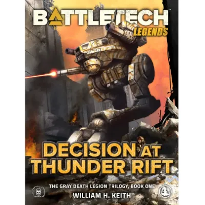 BattleTech Legends: Decision at Thunder Rift novel cover with a BattleMech firing from ruined buildings.