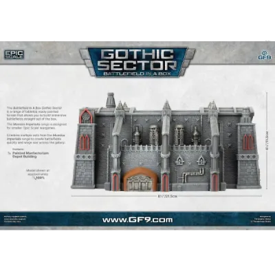 Gothic Sector: Manufactorium Depot box back showing the painted building dimensions and product details.