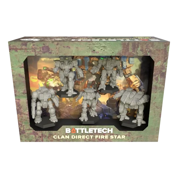 BattleTech Clan Direct Fire Star box showing five unpainted Clan BattleMech miniatures.