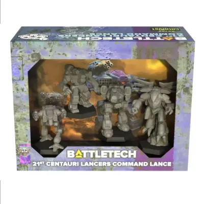 BattleTech: 21st Centauri Lancers Command Lance BattleTech 21st Centauri Lancers Command Lance box showing four unpainted BattleMech miniatures.