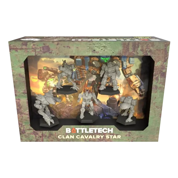 BattleTech Clan Cavalry Star box showing five unpainted Clan BattleMech miniatures.