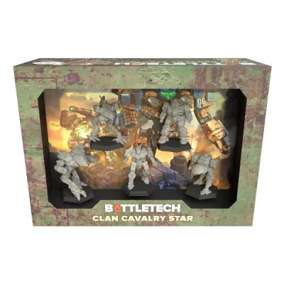 BattleTech Clan Cavalry Star box showing five unpainted Clan BattleMech miniatures.